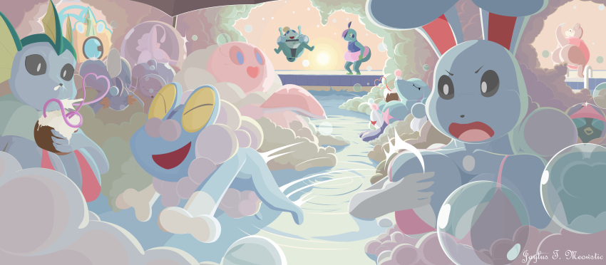 absurd_res anthro azumarill beach beverage boob_hat breasts brionne bubble covering covering_breasts dewpider drizzile eeveelution female feral froakie group hi_res jaylus_t_meowstic jellicent legendary_pok&eacute;mon mew mudkip nintendo nude pok&eacute;mon pok&eacute;mon_(species) pool_(disambiguation) pool_party popplio rotom seaside slowbro sobble tagme towel vaporeon video_games wash_rotom wooper