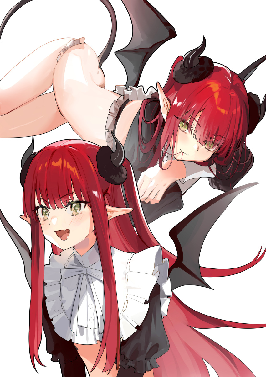 1girl absurdres bangs black_panties blunt_bangs blush closed_mouth commentary demon_girl demon_horns demon_tail demon_wings fang frilled_panties frills hair_in_mouth highres horns kitagawa_marin long_hair long_sleeves multiple_views open_mouth panties pointy_ears red_hair rizu-kyun simple_background skin_fang sono_bisque_doll_wa_koi_wo_suru symbol-only_commentary tail underwear white_background wings wumumu yellow_eyes