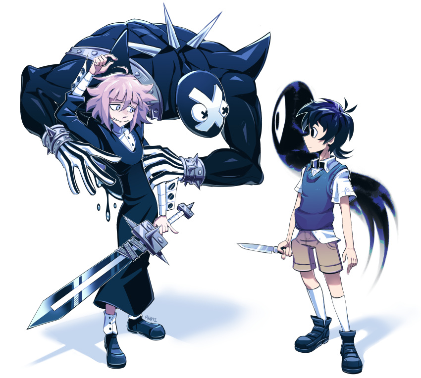 1boy 1other absurdres arm_up arms_at_sides black_eyes black_hair character_request crona_(soul_eater) expressionless highres holding holding_knife holding_sword holding_weapon kneehighs knife long_sleeves looking_at_another nervous omori pink_hair remi_(mozzaremi) short_hair short_sleeves socks something_(omori) sword weapon