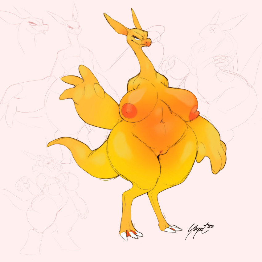 absurd_res ambiguous_species anthro big_breasts big_hands biped breasts colored_sketch dark_eyelids digital_media_(artwork) female genitals guide_lines hi_res huge_breasts long_ears long_neck navel nipples non-mammal_breasts non-mammal_nipples pear-shaped_figure pussy scalie sketch sketch_page slightly_chubby solo thick_arms thick_tail thick_thighs wide_hips yellow_body yogoat