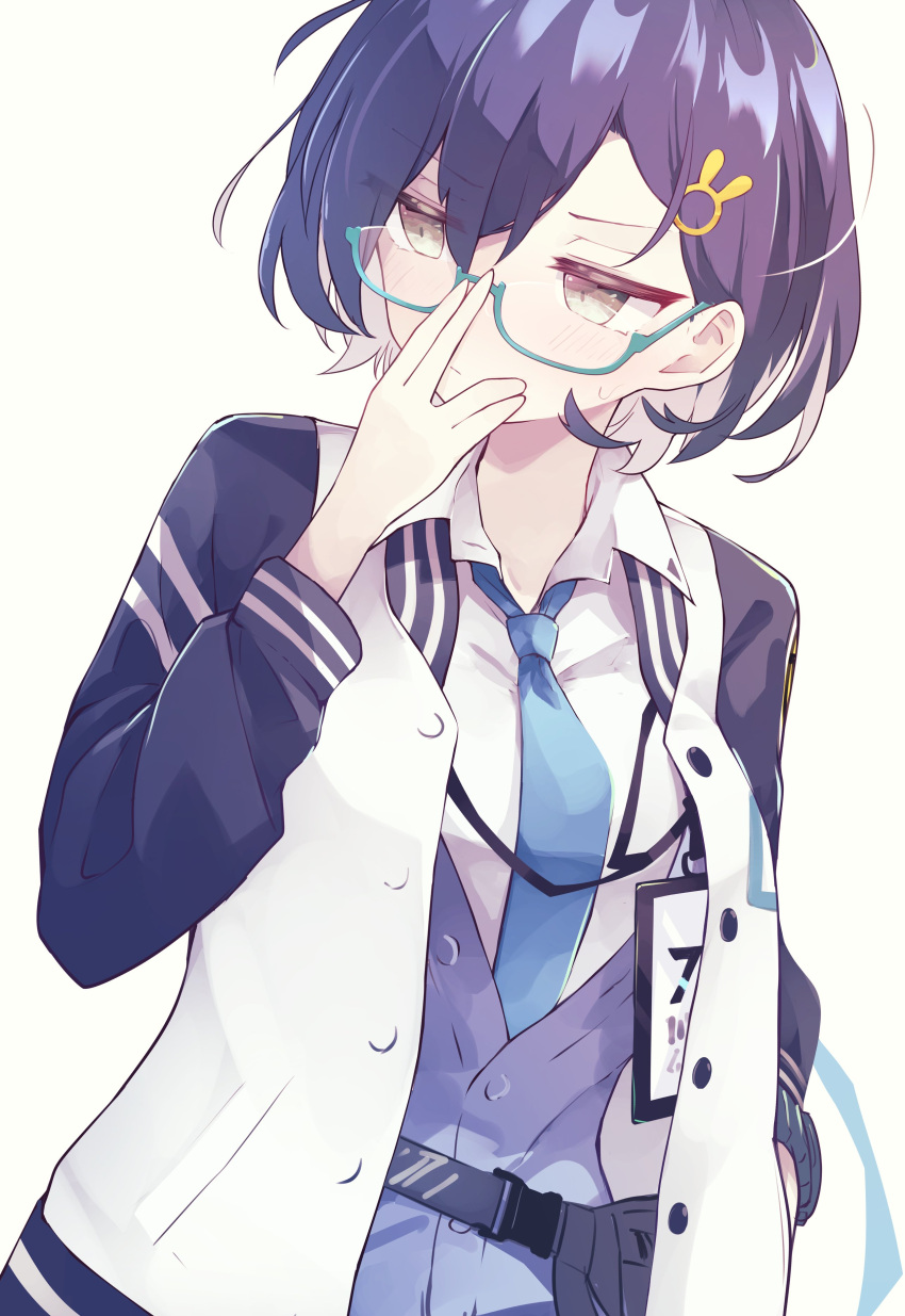 1girl absurdres adjusting_eyewear bangs blue-framed_eyewear blue_archive blue_jacket blue_necktie blush breasts brown_eyes bunny_hair_ornament chihiro_(blue_archive) closed_mouth collared_shirt commentary damao_(kiwa777) glasses hair_between_eyes hair_ornament hand_up highres jacket letterman_jacket looking_away looking_to_the_side multicolored_hair necktie open_clothes open_jacket purple_eyes semi-rimless_eyewear shirt simple_background small_breasts solo sweat symbol-only_commentary two-tone_hair under-rim_eyewear upper_body white_background white_hair white_jacket white_shirt
