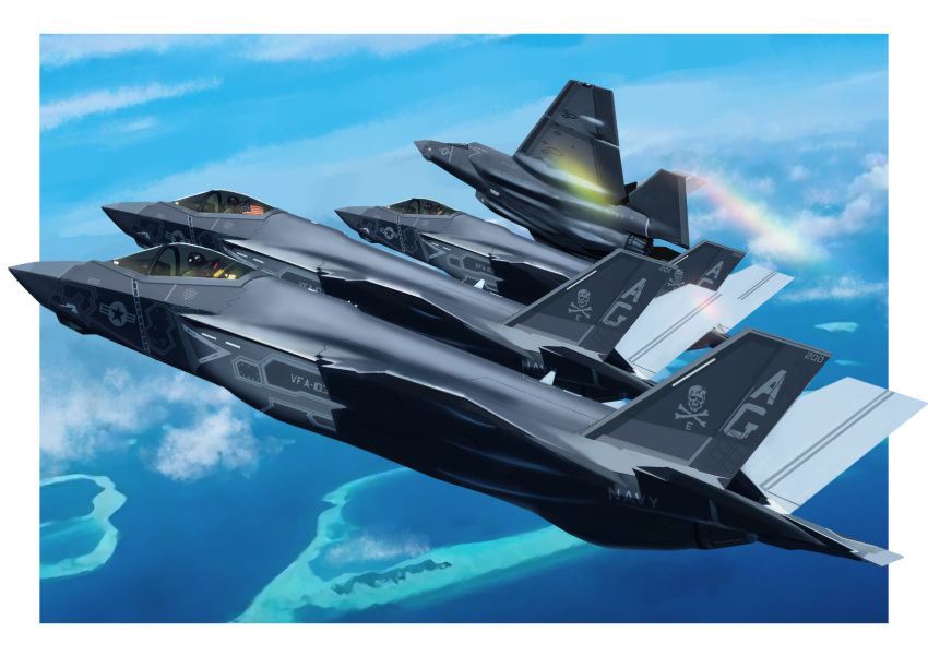 3others above_clouds aircraft airplane blue_sky border cloud commentary_request day f-35_lightning_ii fighter_jet flying highres island military military_vehicle multiple_aircraft multiple_others ocean original outdoors outside_border pilot rainbow sky timmy_yen united_states_navy vehicle_focus vfa-103 white_border