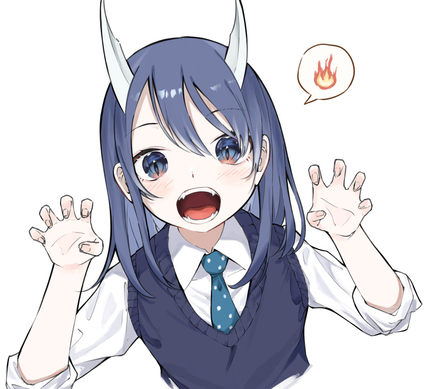 1girl absurdres aoki_ruri bangs blue_eyes blue_hair blue_necktie blue_vest blush claw_pose collared_shirt commentary_request dragon_girl dragon_horns fangs fingernails fire hands_up highres horns jitome lechiennoir long_sleeves looking_at_viewer medium_hair multicolored_eyes necktie open_mouth pink_eyes purple_eyes raised_eyebrow ruri_dragon school_uniform shirt simple_background sleeves_rolled_up slit_pupils solo speech_bubble spoken_object swept_bangs tears teeth tongue upper_body vest white_background white_shirt