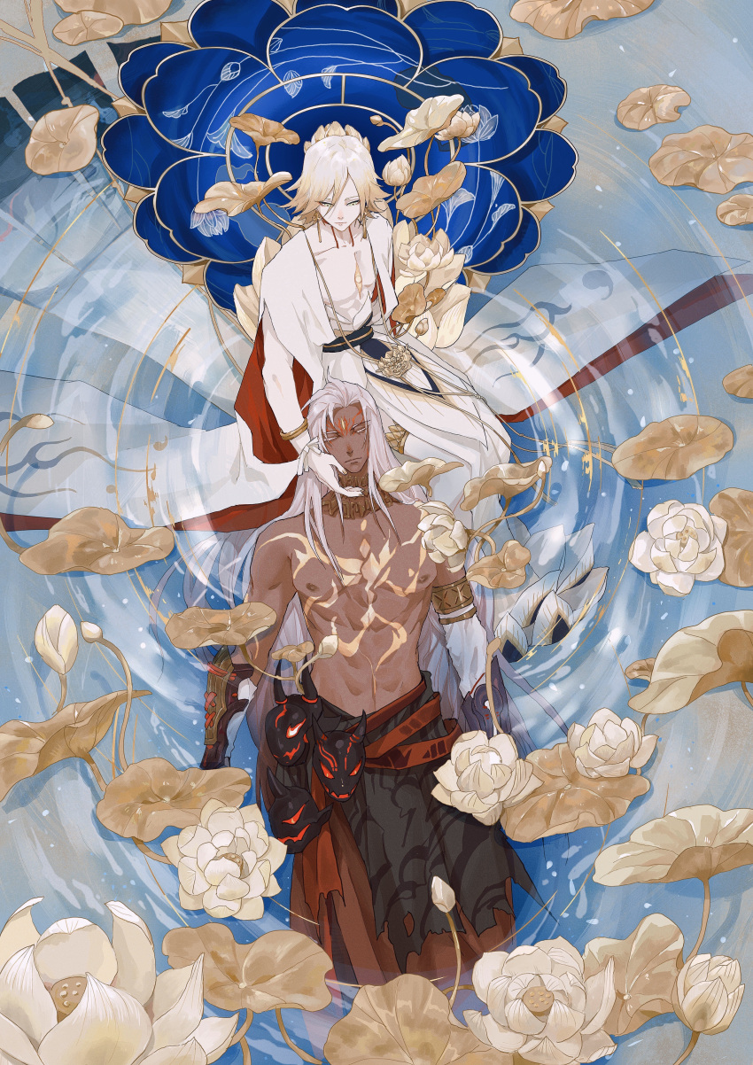 2boys absurdres asura_(onmyoji) bare_pectorals blonde_hair bracelet dark_skin dongdi_cangyang dress earrings facial_mark flower green_eyes hand_on_another's_face highres japanese_clothes jewelry long_hair lotus lotus_hair_ornament lying male_focus mask multicolored_hair multiple_boys necklace onmyoji pale_skin partially_submerged pectorals short_hair submerged taishakuten_(onmyoji) two-tone_hair water white_hair yaoi