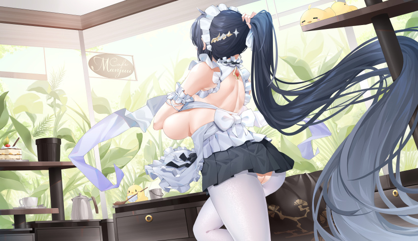 1girl absurdly_long_hair absurdres apron ass_cutout azur_lane back_bow backless_outfit black_hair black_skirt bow breasts bucket cake cake_slice clothing_cutout cowboy_shot food frills from_behind gem high_ponytail highres huge_breasts indomitable_(azur_lane) indomitable_(ms._motivationless_maid)_(azur_lane) indoors jfzm001 kettle leg_up long_hair maid maid_headdress manjuu_(azur_lane) mop official_alternate_costume pantyhose plant potted_plant red_gemstone skirt solo underskirt very_long_hair waist_apron white_apron white_pantyhose
