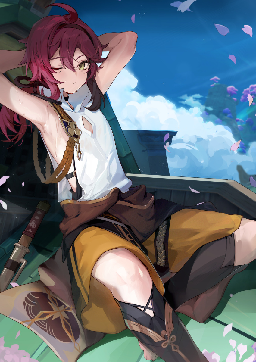 1boy absurdres armpits arms_behind_head bangs black_choker black_hair boots choker closed_mouth cloud commentary day genshin_impact green_eyes hair_between_eyes highres jitte knee_boots looking_at_viewer male_focus mole mole_under_eye mountain multicolored_hair one_eye_closed outdoors petals red_hair shikanoin_heizou side_cutout sitting sky sleeveless solo streaked_hair sweat symbol-only_commentary tree weapon wumumu