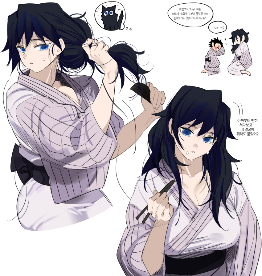 1boy 1girl bangs barefoot bath_yukata black_cat black_hair blue_eyes breasts brown_hair brushing_hair brushing_own_hair cat chibi chopsticks cleavage comb facing_to_the_side food food_on_face genderswap genderswap_(mtf) hair_down hand_up hands_up head_tilt highres holding holding_chopsticks holding_comb holding_hair imagining japanese_clothes kamado_tanjirou kimetsu_no_yaiba kimono korean_text large_breasts long_hair long_sleeves looking_at_viewer messy_hair multiple_views nervous obi profile rice rice_on_face sash seiza severed_hair short_hair sideways_glance simple_background sitting spoken_animal thought_bubble tomioka_giyuu white_background wide_sleeves yeobojagiaegi yukata