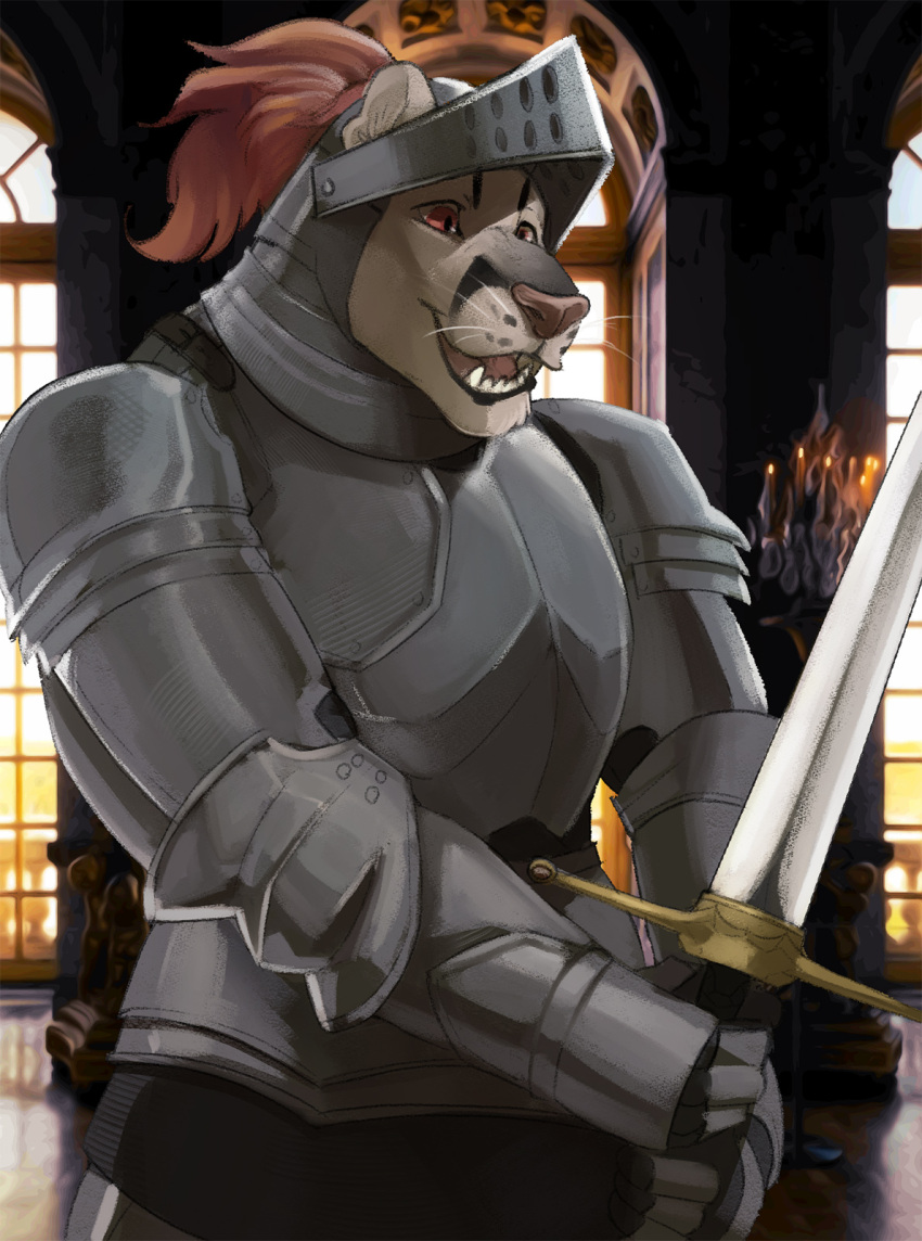 2022 anthro armor castle cougar echo_(series) echo_project fangs felid feline fur hi_res holding_object holding_sword holding_weapon horrorbuns inside male mammal melee_weapon orange_body orange_fur pink_nose samuel_ayers smile solo sword teeth_showing the_smoke_room video_games visual_novel weapon whiskers white_body white_fur