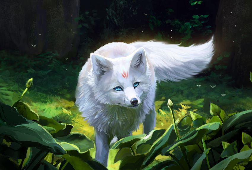 2022 ambiguous_gender black_nose blue_eyes canid canine day detailed_background digital_media_(artwork) feral forest fox fur grass mammal muns11 outside plant solo tree white_body white_fur