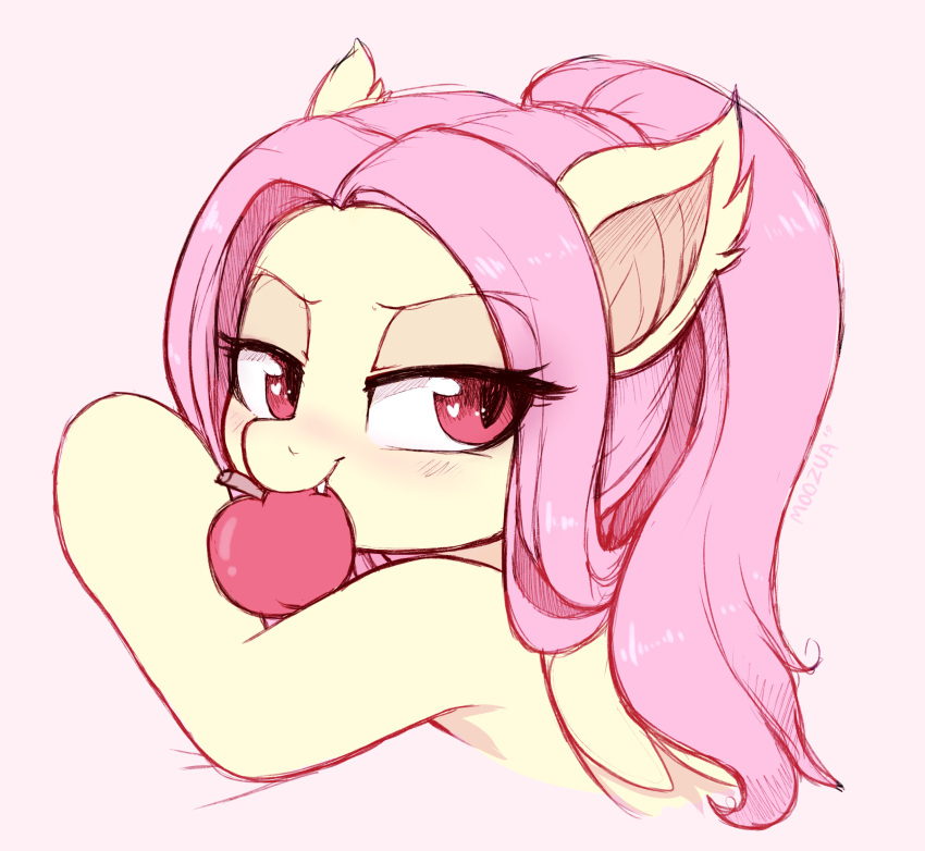 2019 absurd_res apple bat_pony blush digital_media_(artwork) ear_tuft equid eyelashes fangs flutterbat_(mlp) fluttershy_(mlp) food_in_mouth friendship_is_magic fur hair half-closed_eyes hasbro hi_res mammal moozua mouth_hold my_little_pony narrowed_eyes pink_background pink_hair ponytail red_eyes simple_background solo tuft wings yellow_body yellow_fur