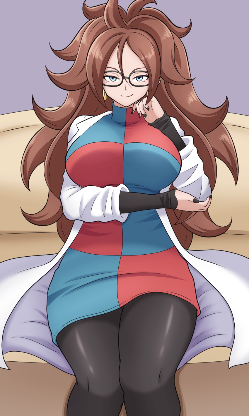 1girl absurdres android_21 black-framed_eyewear black_nails black_pantyhose blue_eyes breasts brown_hair checkered_clothes checkered_dress curly_hair dragon_ball dragon_ball_fighterz dress earrings glasses highres hoop_earrings jewelry kiteman442 labcoat large_breasts long_hair looking_at_viewer nail_polish pantyhose sitting solo
