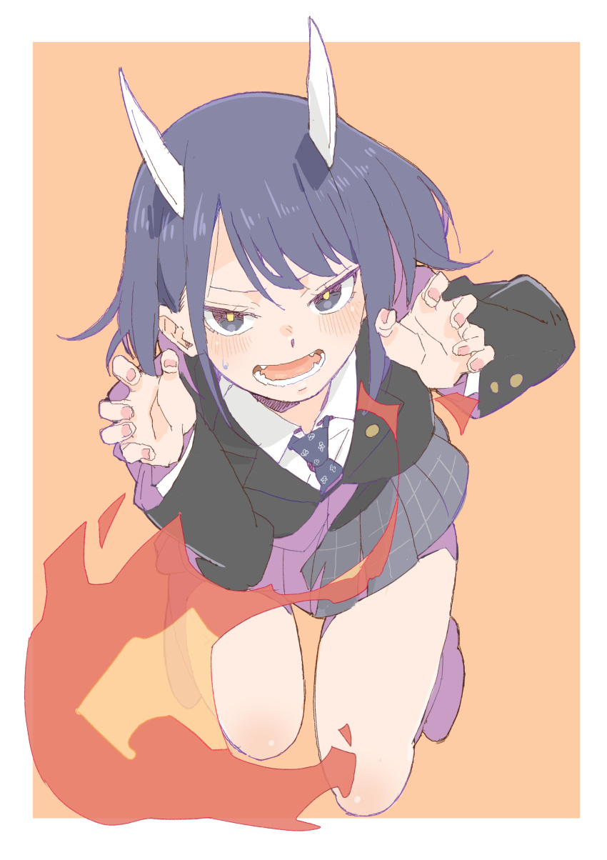 1girl absurdres aoki_ruri bangs blazer blue_eyes blue_necktie blush breasts claw_pose collared_shirt colored_inner_hair dark_blue_hair donguri_neko0 dragon_girl dragon_horns fangs fingernails fire from_above full_body hands_up highres horns jacket lapel_pin lapels long_sleeves looking_at_viewer looking_up medium_hair miniskirt multicolored_eyes multicolored_hair necktie notched_lapels open_mouth orange_background parted_bangs pleated_skirt purple_eyes ruri_dragon school_uniform shirt shoes simple_background skirt solo sweatdrop teeth two-tone_hair white_horns white_shirt