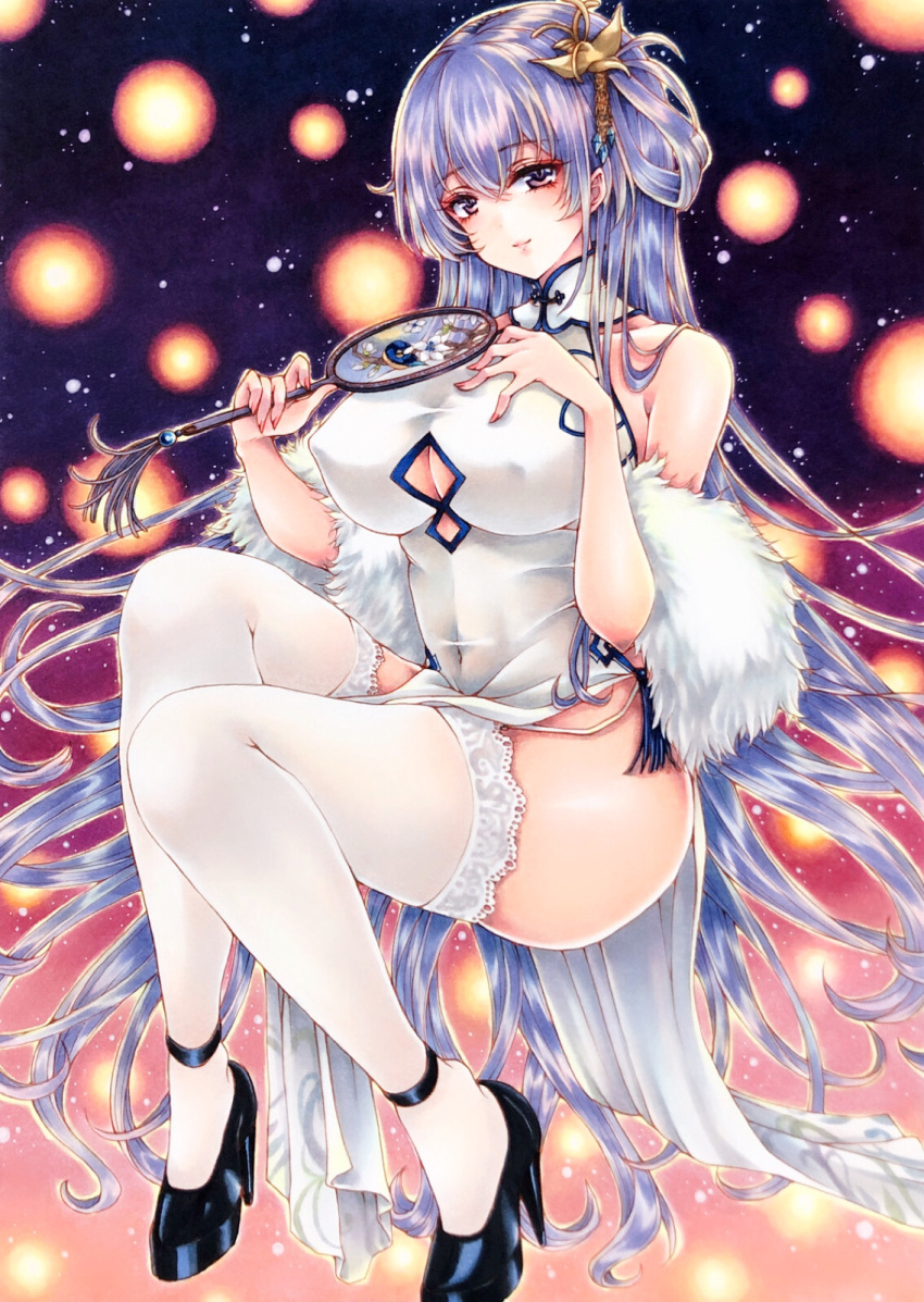 1girl azur_lane black_footwear breasts china_dress chinese_clothes clothing_cutout covered_nipples dress feather_boa floating full_body hair_ornament hand_fan high_heels highres holding holding_fan lace-trimmed_legwear lace_trim large_breasts legs long_hair looking_at_viewer marker_(medium) mktr_(princess_mktr) official_alternate_costume pelvic_curtain purple_eyes purple_hair rodney_(azur_lane) rodney_(immaculate_beauty)_(azur_lane) shoes sleeveless sleeveless_dress solo thighhighs traditional_media underboob underboob_cutout very_long_hair white_garter_straps white_thighhighs