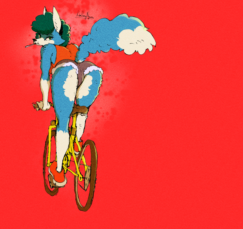 absurd_res anthro ass_up big_butt bike_shorts blue_body blue_fur bodily_fluids bottomwear breasts butt candy canid canine clothed clothing dessert diamonsionart digital_media_(artwork) ellie_(diamonsionart) female food fox fur genitals green_eyes hair hi_res humanoid lollipop looking_at_viewer looking_back mammal raised_tail red_background riding short_pants shorts simple_background solo thick_thighs tight_clothing topwear vehicle white_body white_fur wide_hips