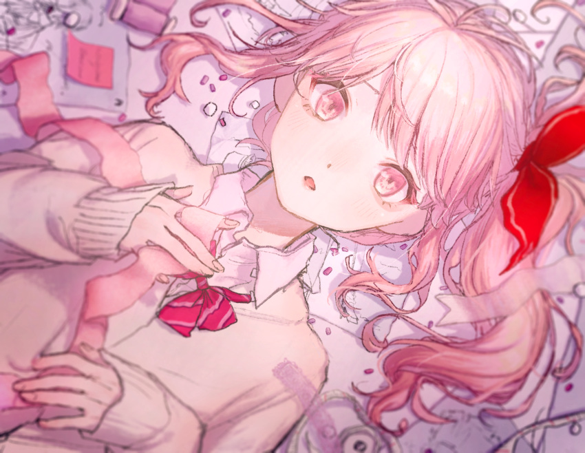 1other akiyama_mizuki androgynous bangs blurry bow bowtie cardigan collared_shirt depth_of_field dutch_angle hair_ribbon hands_up highres holding holding_ribbon long_hair long_sleeves looking_at_viewer lying note on_back paper parted_lips pink_eyes pink_hair pink_ribbon pink_theme pogpa47985618 project_sekai red_bow red_bowtie red_ribbon ribbon school_uniform shards shirt side_ponytail solo spool swept_bangs tape upper_body