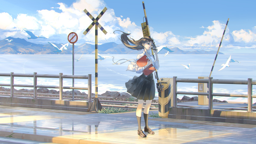 1girl beach bird black_skirt black_socks blue_sky brown_footwear cloud commentary_request folder highres holding holding_folder kneehighs loafers long_sleeves mountain ocean original railroad_crossing reflection road_sign scenery seagull shadow shirt shoes sidewalk sign skirt sky socks solo standing tftady white_shirt