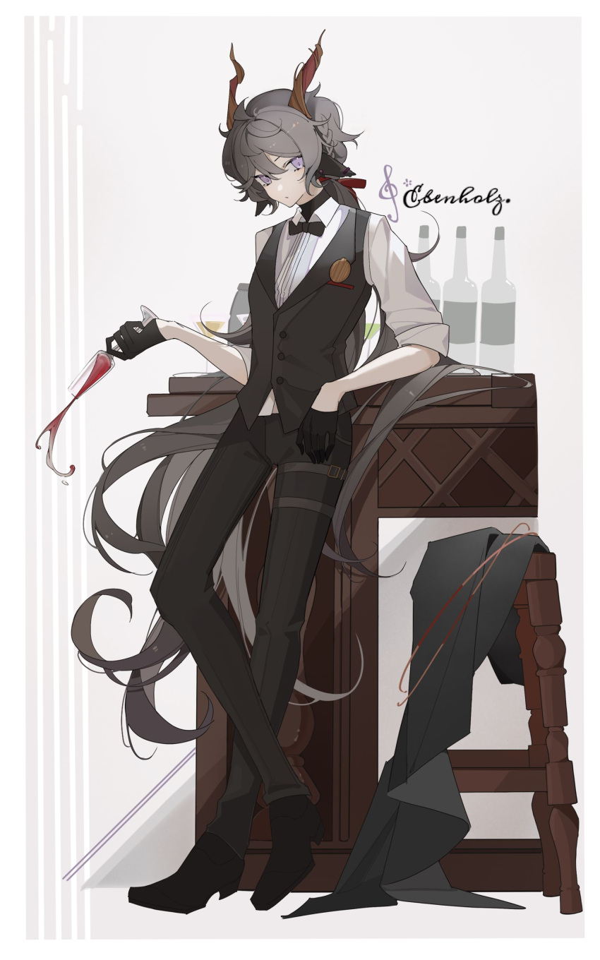 1boy absurdres alcohol animal_ears arknights bishounen black_gloves black_hair bottle bow bowtie cup drinking_glass ebenholz_(arknights) full_body glass gloves goat_boy goat_ears goat_horns hana_soretsu highres horns long_hair looking_at_viewer male_focus purple_eyes ribbon shirt solo spill vest white_shirt wine wine_bottle wine_glass