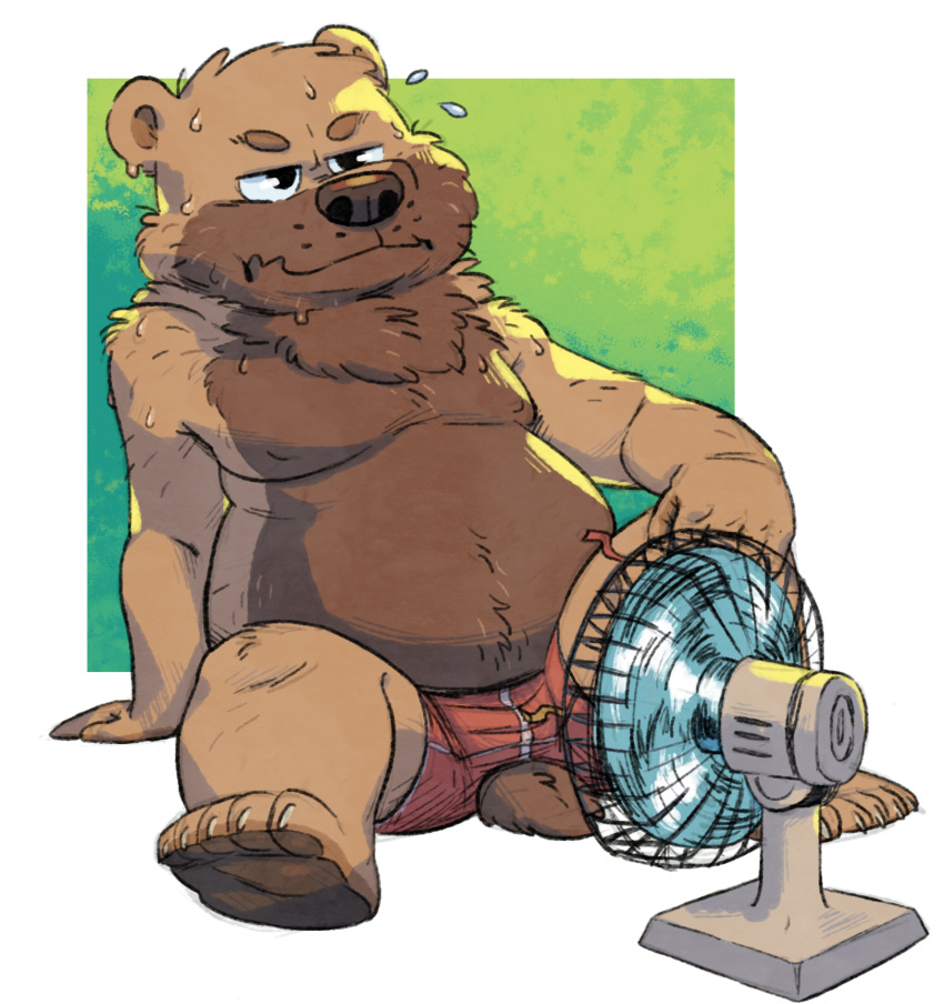 2022 anthro bodily_fluids brown_body brown_fur clothing electric_fan fur guaxraccoon hi_res humanoid_hands male mammal moobs overweight overweight_male sitting solo sweat underwear ursid