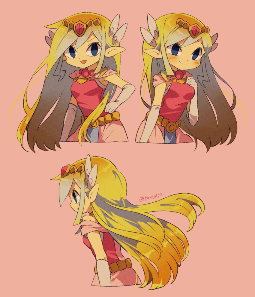 1girl artist_name belt blonde_hair blue_eyes blush dress floating_hair from_side gloves highres jewelry long_hair multicolored_hair necklace parted_lips pink_dress pink_skirt princess_zelda skirt the_legend_of_zelda the_legend_of_zelda:_spirit_tracks the_legend_of_zelda:_the_wind_waker tokuura upper_body