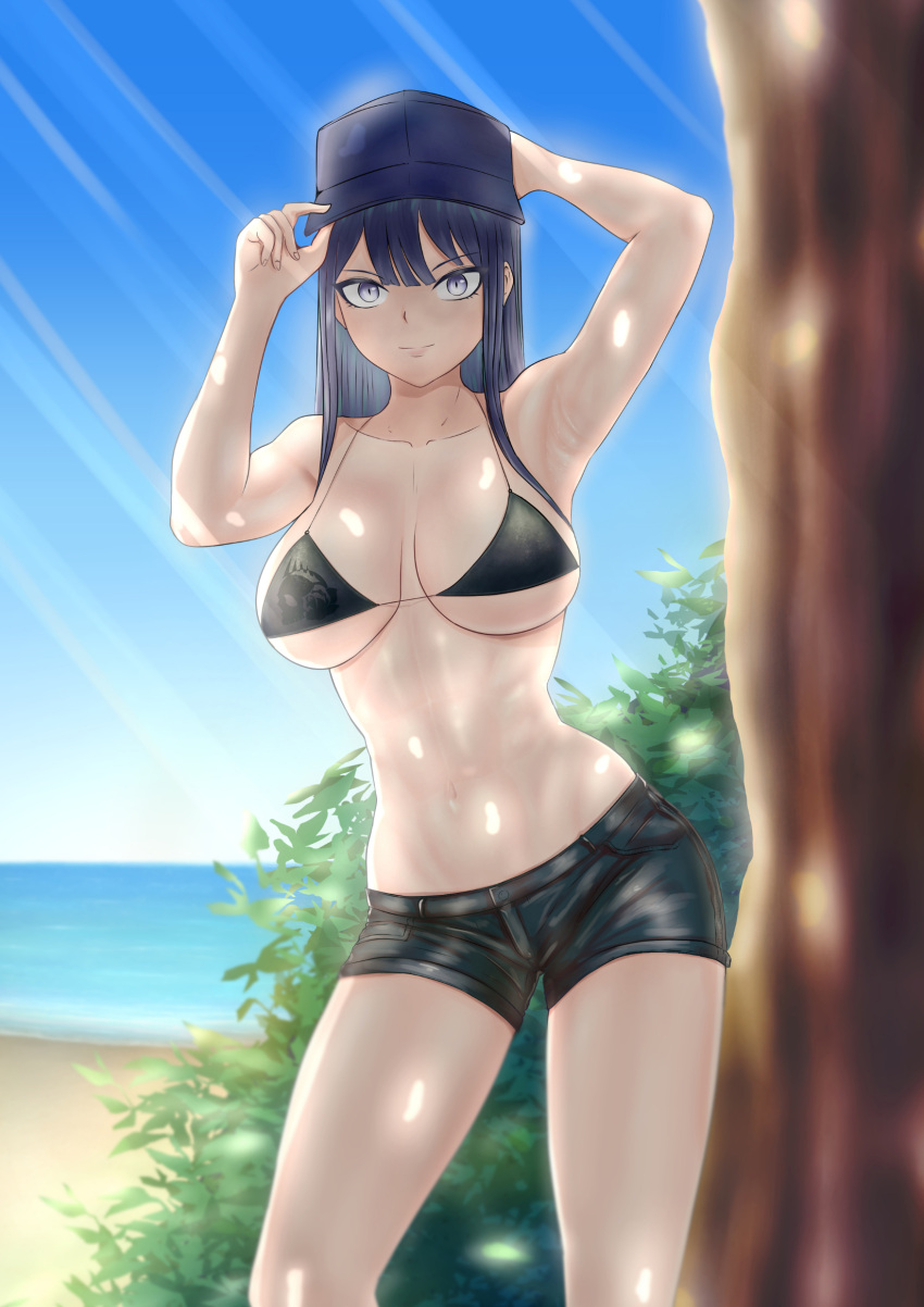 abs absurdres armpits arms_up beach bikini black_bikini blue_archive ct-08 hat highres navel ocean saori_(blue_archive) solo stomach swimsuit