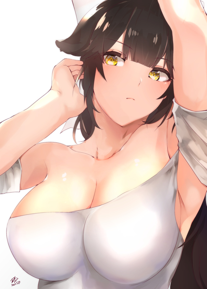 1girl absurdres alternate_costume arm_up azur_lane black_hair bow breasts chiru_(218mg) cleavage dated hair_bow hand_in_own_hair highres impossible_clothes impossible_shirt large_breasts long_hair shirt sideways_glance signature simple_background solo takao_(azur_lane) upper_body white_background white_shirt yellow_eyes