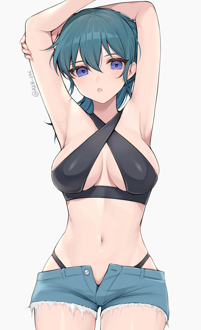 1girl absurdres armpits arms_up bangs banned_artist bare_arms bikini black_bikini blue_eyes blue_hair blue_shorts breasts byleth_(fire_emblem) byleth_(fire_emblem)_(female) commentary_request cowboy_shot criss-cross_halter cutoffs fire_emblem fire_emblem:_three_houses grey_background hair_between_eyes halterneck highres large_breasts long_hair looking_at_viewer navel open_fly parted_lips shimizu_akina short_shorts shorts simple_background solo standing stomach swimsuit