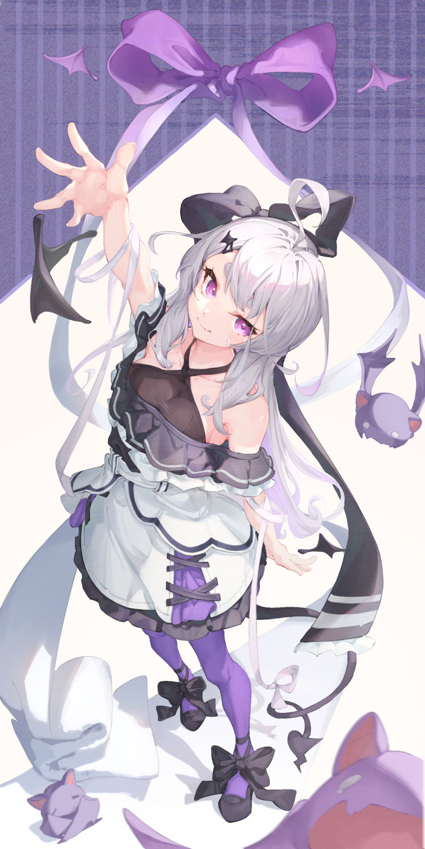 1girl absurdres ahoge arm_up bangs bare_shoulders bat_(animal) black_footwear black_ribbon breasts closed_mouth colored_inner_hair demon_tail detached_wings dress fang fang_out from_above full_body grey_hair hair_ribbon highres long_hair mishuo_(misuo69421) multicolored_hair original pantyhose purple_eyes purple_hair purple_pantyhose purple_ribbon ribbon skin_fang solo standing tail thick_eyebrows very_long_hair white_dress wings