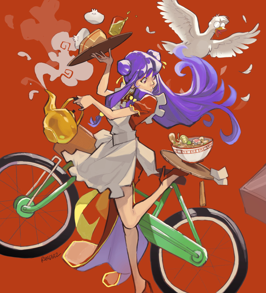 1girl absurdres animal apron balancing balancing_on_foot baozi bicycle bird bowl china_dress chinese_clothes delivery double_bun dress duck english_commentary food full_body glasses ground_vehicle hair_bun high_heels highres long_dress long_hair looking_back mousse_(duck)_(ranma_1/2) mousse_(ranma_1/2) noodles opaque_glasses purple_eyes purple_hair ramen ranma_1/2 red_background red_dress red_footwear rica_diaz shampoo_(ranma_1/2) short_sleeves sidelocks solo_focus spilling standing standing_on_one_leg steam teapot very_long_hair white_apron