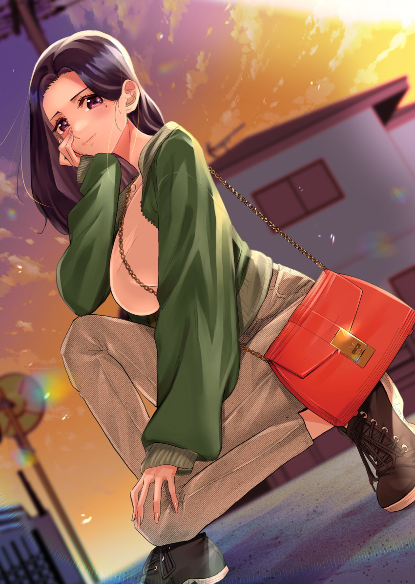 1girl akino_sayuri black_footwear black_hair breasts cloud dosanko_gyaru_wa_namaramenkoi grey_pants hair_behind_ear hand_on_own_cheek hand_on_own_face hand_on_own_knee highres ikada_kai large_breasts looking_at_viewer making-of_available mole mole_under_eye pants purple_eyes shoes sky smile sneakers solo squatting sunset