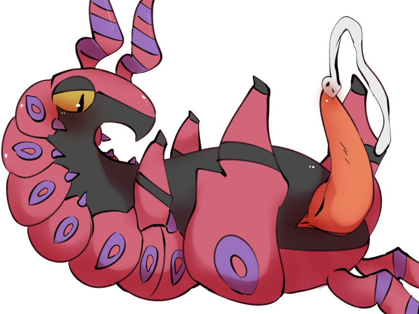 animal_genitalia black_body blush bodily_fluids chubby_male cum cumshot doneru ejaculation erection genital_fluids genital_slit genitals hi_res horn looking_at_genitalia lying male markings multi_leg multi_limb nintendo on_back penis pok&eacute;mon pok&eacute;mon_(species) red_body scolipede simple_background slit solo tapering_penis video_games