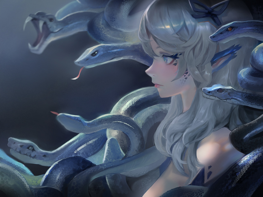 1girl bangs blue_eyes closed_mouth from_side highres original pointy_ears seuyan snake solo upper_body white_hair