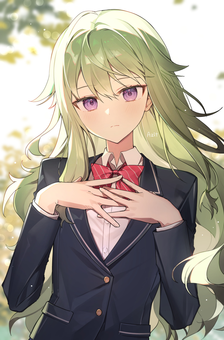 1girl absurdres azit_(down) backlighting bangs black_jacket blazer blurry blurry_background blush bow closed_mouth collared_shirt commentary_request depth_of_field dress_shirt green_hair hair_between_eyes hands_up highres jacket kusanagi_nene light_frown long_hair own_hands_together project_sekai purple_eyes red_bow school_uniform shirt solo upper_body very_long_hair white_shirt