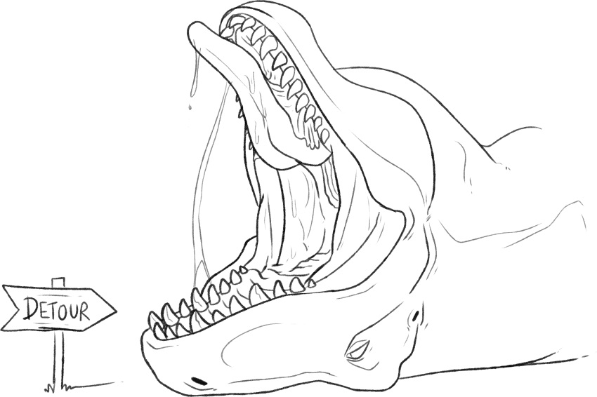 absurd_res ambiguous_gender black_and_white bodily_fluids dinosaur feral hi_res imperatorcaesar lying monochrome mouth_shot on_back open_mouth reptile saliva saliva_on_tongue saliva_string scalie sharp_teeth sign simple_background solo teeth tongue tongue_out