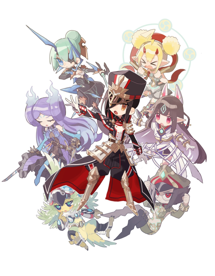 breasts brighid_(xenoblade) center_opening cheese_dakke chibi closed_eyes dress elbow_gloves electra_(xenoblade) fiery_hair finch_(xenoblade) gloves highres kasandra_(xenoblade) large_breasts long_hair morag_ladair_(xenoblade) multiple_girls newt_(xenoblade) purple_dress purple_hair theory_(xenoblade) thighhighs very_long_hair weapon whip_sword xenoblade_chronicles_(series) xenoblade_chronicles_2