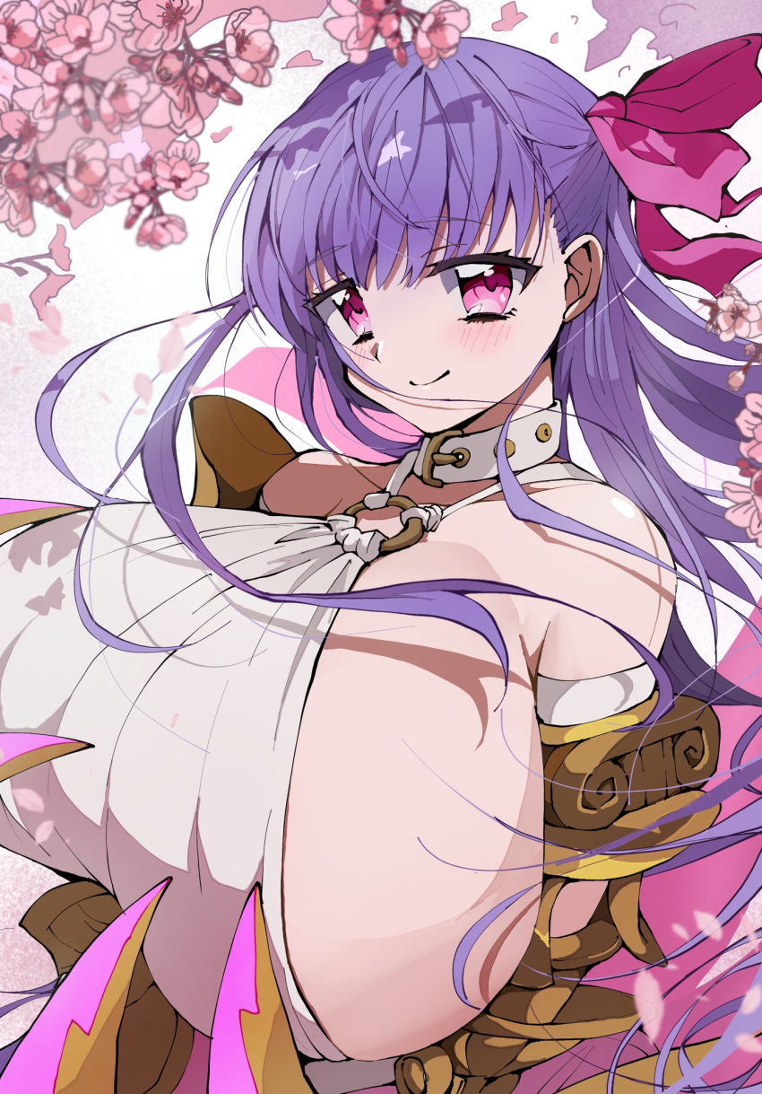 1girl belt_collar breasts claw_(weapon) claws collar fate/extra fate/extra_ccc fate/grand_order fate_(series) gigantic_breasts hair_ribbon highres huge_breasts looking_at_viewer o-ring o-ring_top passionlip_(fate) passionlip_(third_ascension)_(fate) pink_eyes pink_ribbon purple_hair ribbon sideboob smile solo toyosu weapon