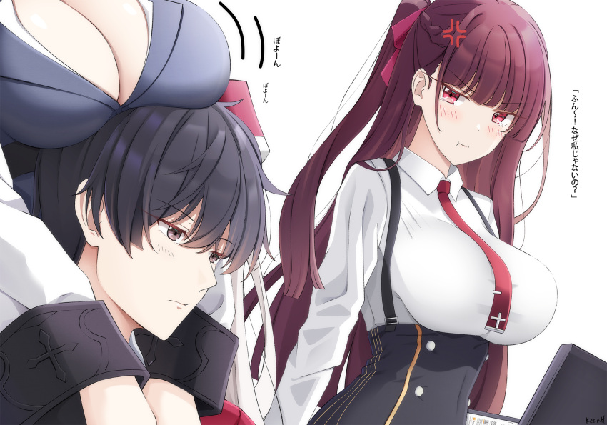1boy 2girls bangs black_hair blush breasts closed_mouth collared_shirt commander_(girls'_frontline) girls'_frontline highres kar98k_(girls'_frontline) keenh large_breasts long_hair long_sleeves multiple_girls necktie pout purple_hair red_eyes red_necktie shirt translation_request wa2000_(girls'_frontline) white_background white_shirt