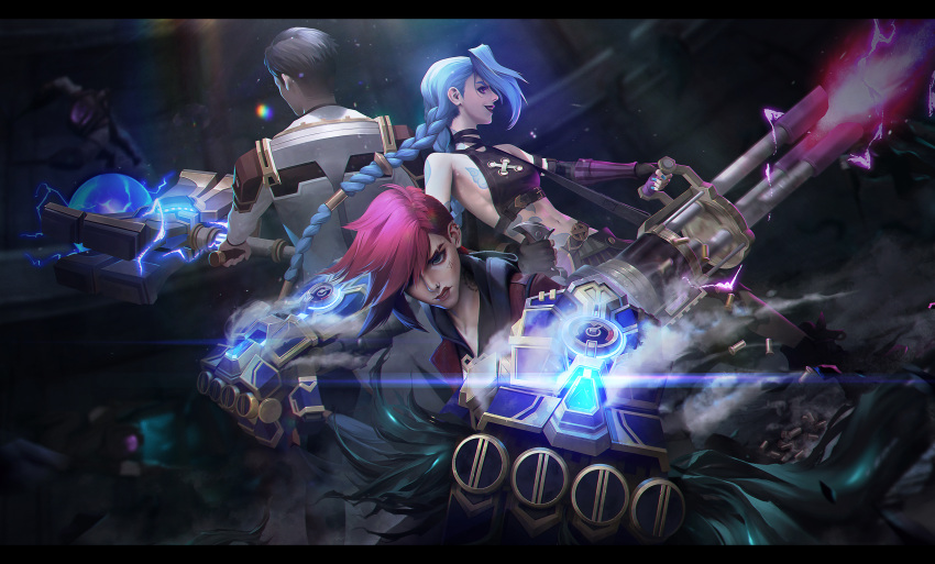 1boy 2girls absurdres arcane:_league_of_legends arcane_jayce arcane_jinx arcane_vi bangs bare_shoulders black_choker black_hair black_shirt blue_hair blue_nails blurry blurry_background braid breasts brown_pants bullet character_name chemtank_guard_(arcane) choker cloud_tattoo collarbone crop_top energy firing gatling_gun gauntlets grey_jacket hair_ornament hammer highres holding holding_hammer holding_weapon indoors jacket jayce_(league_of_legends) jinx_(league_of_legends) league_of_legends long_sleeves mago_(m4gololx) medium_breasts minigun multiple_girls nail_polish nose_piercing pants parted_lips piercing pink_hair red_jacket red_nails shiny shiny_hair shirt short_hair siblings sisters stomach_tattoo striped striped_pants tattoo twin_braids twintails vi_(league_of_legends) weapon