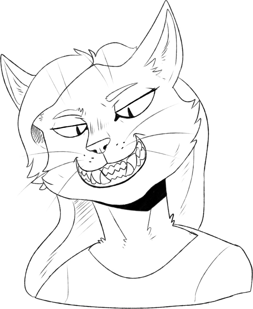 absurd_res ambiguous_gender anthro black_and_white bust_portrait cheek_tuft clothing eyebrows facial_tuft fangs front_view grin hi_res imperatorcaesar looking_at_viewer monochrome narrowed_eyes portrait simple_background smile solo topwear tuft