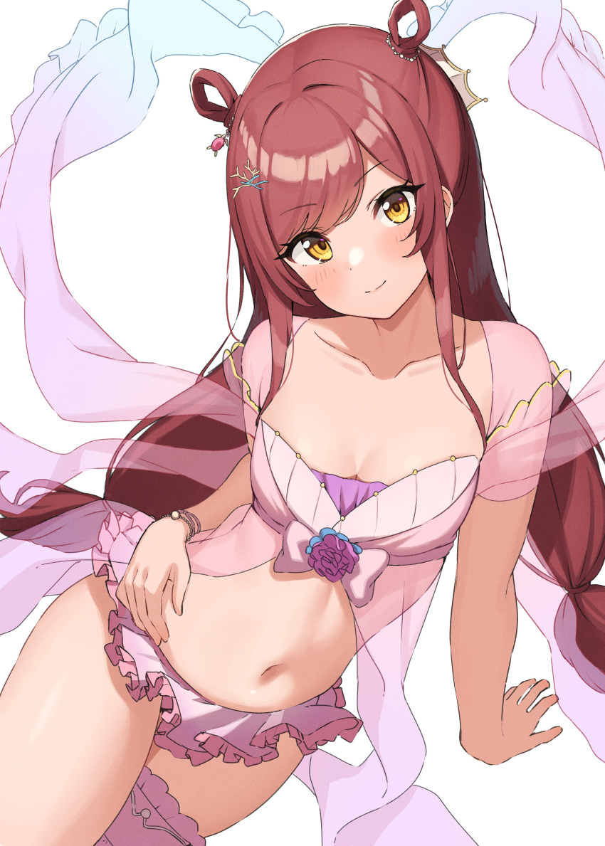 1girl absurdres alternate_hairstyle arm_support bangs blush bracelet breasts cleavage closed_mouth collarbone frilled_skirt frills hair_ornament hair_rings highres idolmaster idolmaster_shiny_colors jewelry long_hair looking_at_viewer low_tied_hair low_twintails medium_breasts microskirt navel osaki_amana pink_skirt pink_thighhighs red_hair single_thighhigh sitting skirt small_breasts solo swept_bangs thighhighs twintails wanimaru yellow_eyes