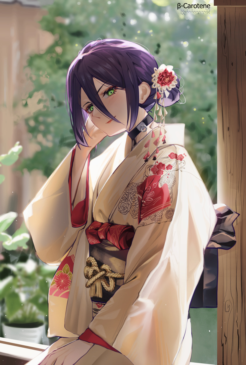 1girl absurdres blush chainsaw_man choker closed_mouth cowboy_shot day eyelashes floral_print flower from_side green_eyes hair_between_eyes hair_bun hair_flower hair_ornament hand_on_own_head hand_up head_tilt highres japanese_clothes kanzashi kimono long_sleeves looking_at_viewer lufi_ays obi photo_background plant potted_plant reze_(chainsaw_man) sash single_hair_bun sitting sitting_on_railing smile solo updo