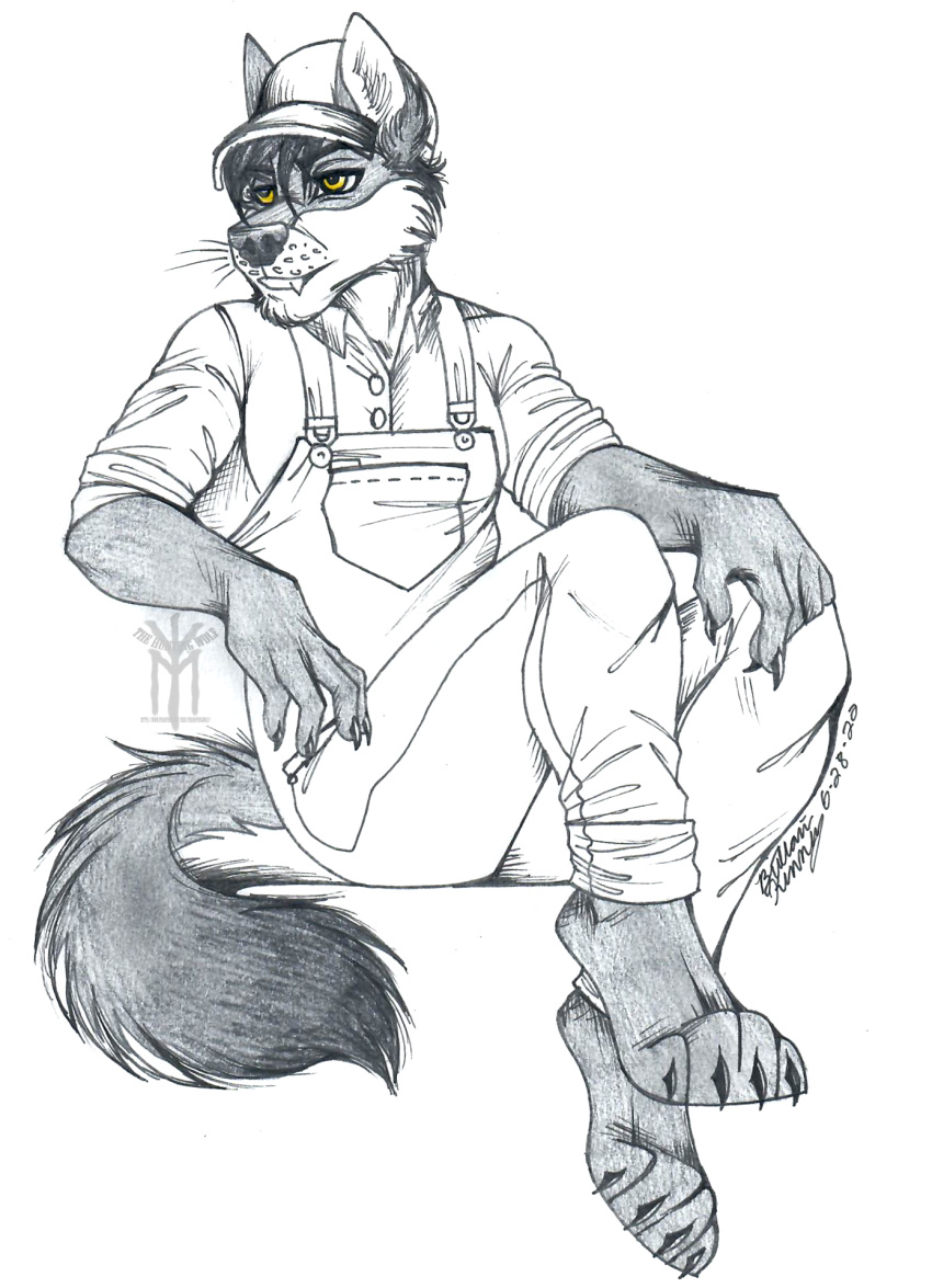 anthro arwin ballcap canid canine canis clothing country fox hat headgear headwear hi_res humanoid hybrid male mammal overalls pin_(disambiguation) pinup pose solo thehuntigwolf thehuntingwolf western wolf