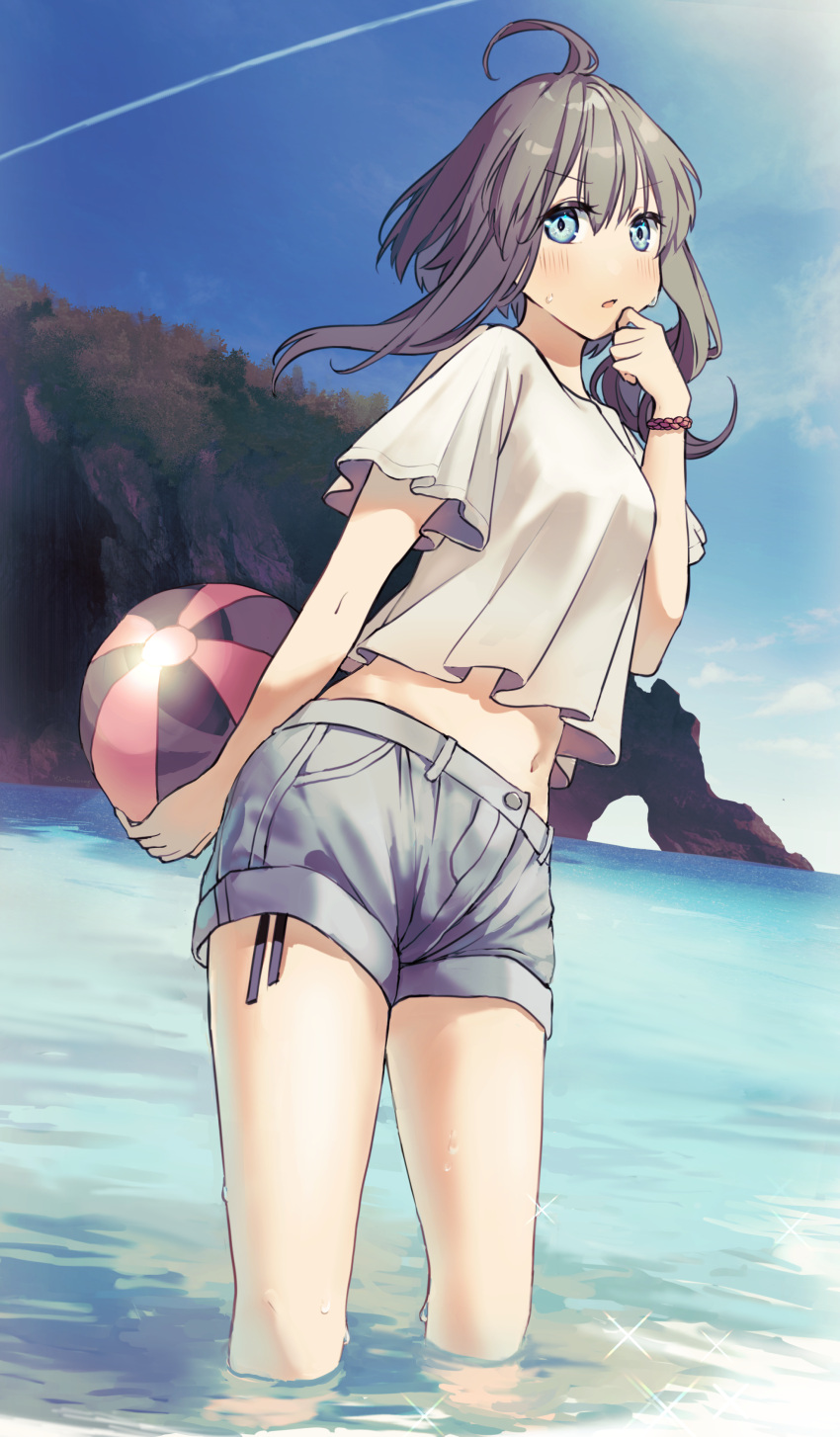 1girl absurdres ahoge arm_behind_back ball bangs beachball black_hair blue_eyes blue_sky breasts cloud commentary_request crop_top day grey_shorts hair_between_eyes highres holding holding_ball long_hair looking_at_viewer midriff navel ocean original outdoors parted_lips shirt short_shorts short_sleeves shorts side-tie_peek sky small_breasts solo soranagi_yuki water wet white_shirt
