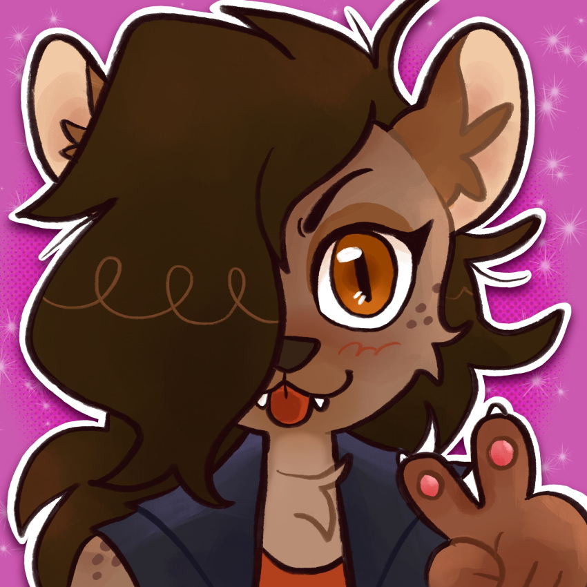 alexbeeeza anthro brown_hair clothing digital_media_(artwork) female gesture hair headshot_portrait helena_(bonk6) hi_res hyaenid jacket mammal outline portrait solo tongue tongue_out topwear v_sign