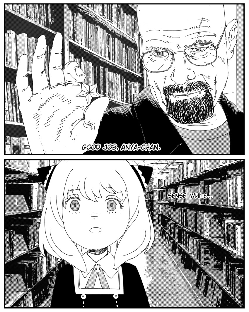 1boy 1girl absurdres anya_(spy_x_family) bald beard breaking_bad child cone_hair_bun crossover eden_academy_uniform english_text facial_hair female_child glasses hair_bun hairpods highres holding holding_star library monochrome old old_man realistic spy_x_family star_(symbol) walter_white xyanaid