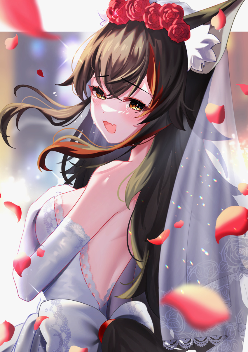 1girl animal_ears bangs black_hair blurry blurry_background blush breasts bridal_veil commentary_request dress elbow_gloves fang flower gloves hair_between_eyes hair_flower hair_ornament highres hololive long_hair looking_at_viewer looking_back medium_breasts multicolored_hair ookami_mio open_mouth petals red_hair sidelocks skin_fang sleeveless sleeveless_dress smile solo strapless strapless_dress streaked_hair tears veil virtual_youtuber wedding_dress white_dress white_gloves wolf_ears wolf_girl yellow_eyes yukisuke_(user_gtmm7833)