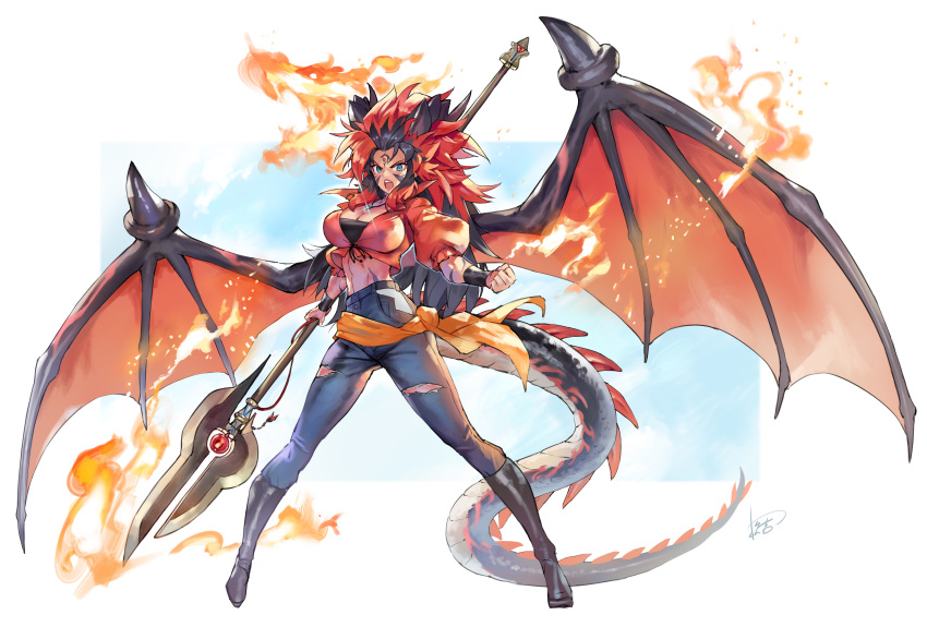 1girl absurdres black_footwear black_hair blue_eyes boots breasts cleavage clenched_hand crop_top dragon_tail dragon_wings facial_mark fire forehead_mark grey_pants highres holding holding_polearm holding_weapon large_breasts long_hair looking_at_viewer matsuda_(matsukichi) midriff multicolored_hair navel open_mouth orange_shirt original pants polearm puffy_short_sleeves puffy_sleeves red_hair shirt short_sleeves solo spear stomach tail very_long_hair weapon wings
