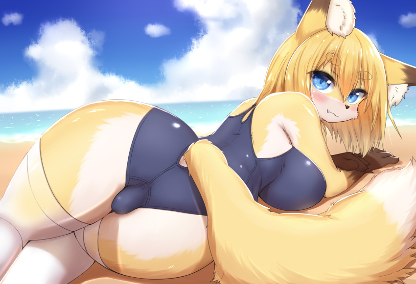 2022 anthro big_breasts blonde_hair blue_eyes blush breasts brown_body brown_fur butt canid canine clothed clothing cute_fangs female female_anthro fox fox_next_door_(horokusa) fur hair horokusa0519 kemono legwear looking_at_viewer looking_back looking_back_at_viewer mammal multicolored_body multicolored_fur one-piece_swimsuit school_swimsuit solo swimwear thigh_highs white_body white_fur yellow_body yellow_fur