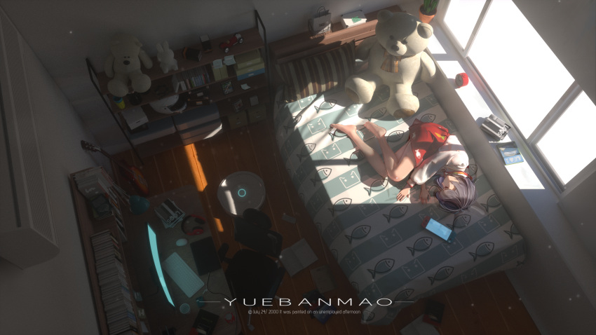 1girl alarm_clock animal_print artist_name bag bed bed_sheet bedroom book book_stack bookshelf can clock closed_eyes computer cup dated desk english_text fish_print from_above guitar headphones helmet highres indoors instrument keyboard_(computer) lying messy_room monitor motorcycle_helmet mouse_(computer) nintendo_switch on_bed on_side original photo_(object) pillow plant potted_plant rack shadow shopping_bag sleeping soda_can stuffed_animal stuffed_toy teddy_bear toy toy_car watermark window yuebanmao