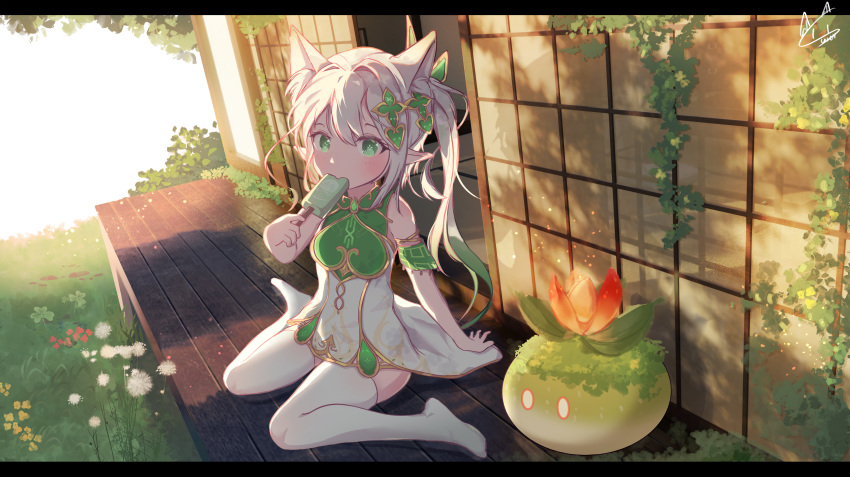 1girl absurdres animal_ears arm_support bangs blush cat_ears cat_girl clover commentary_request dandelion detached_sleeves dress eating flower food genshin_impact grass green_eyes hair_between_eyes hair_ornament highres ice_cream kemonomimi_mode kusanali_(genshin_impact) letterboxed long_hair looking_at_viewer outdoors pointy_ears popsicle qingye_tuanzi red_flower sidelocks signature sitting slime_(genshin_impact) solo thighhighs veranda wariza white_dress white_hair white_thighhighs yellow_flower