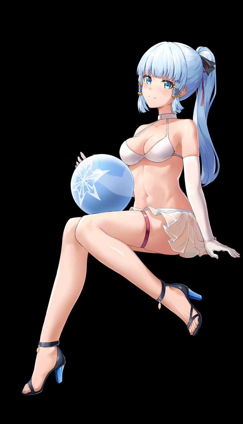 1girl absurdres ball bangs bare_legs bare_shoulders bikini bikini_skirt black_background black_ribbon blue_eyes blue_hair blunt_bangs breasts chinese_commentary choker cleavage commentary_request elbow_gloves genshin_impact gloves hair_ribbon high_heels highres invisible_chair kamisato_ayaka long_hair looking_at_viewer medium_breasts navel pleated_skirt ponytail ribbon sidelocks simple_background sitting skirt smile solo stomach swimsuit t_zhonglang thigh_strap thighs white_bikini white_choker white_gloves white_skirt